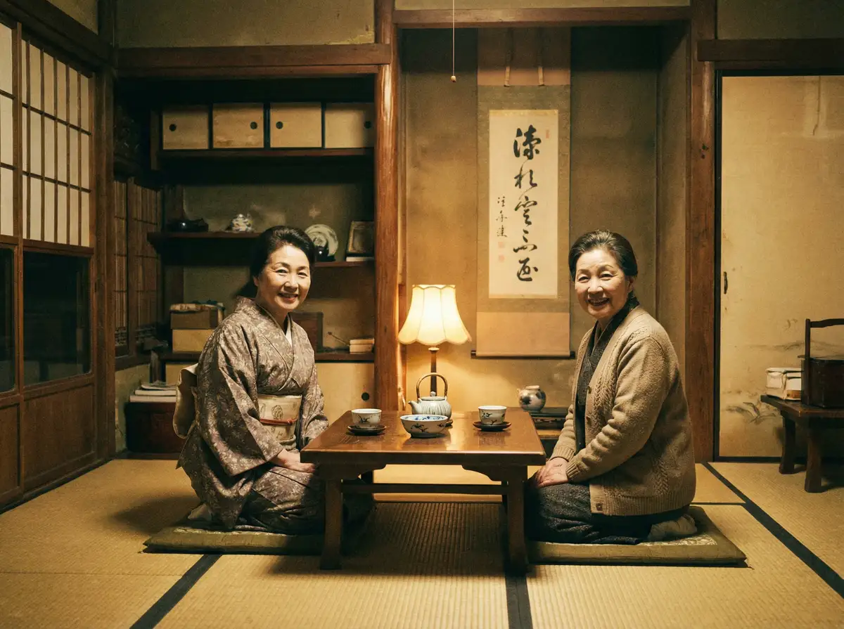 两位优雅的 深夜福利 在日式茶室中品茶交谈